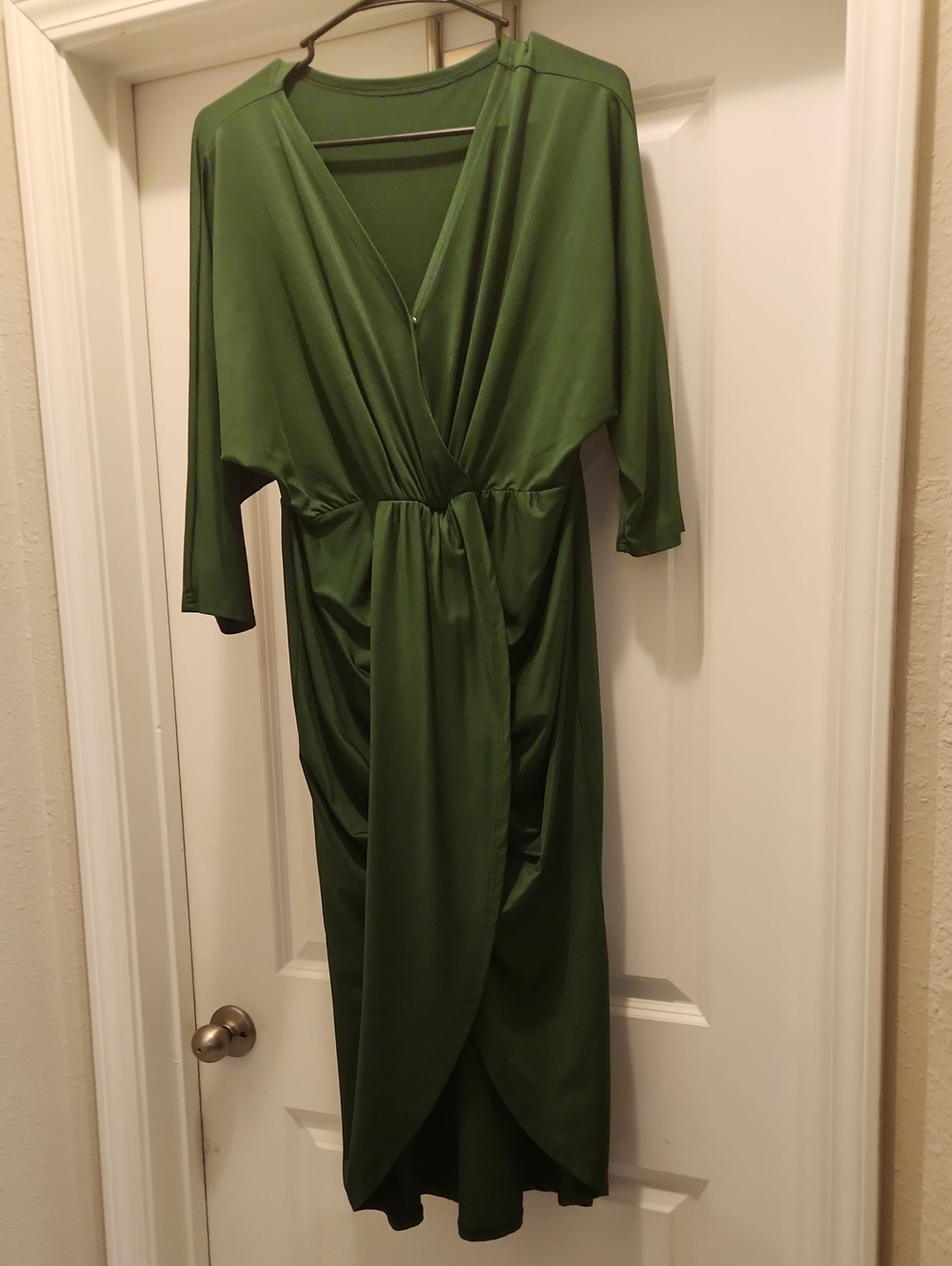 Olive Green Long Sleeve Draped Wrap Midi Dress